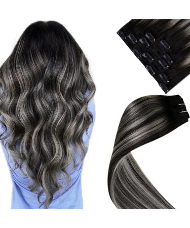 Laavoo clip in extensions real hair ombre black 50cm silver clip in long hair extension 70g 5pcs clip real hair extensions remy human hair extensions black silver full head #1b/silver/1b 50cm-70g 3.4 #1b/s/1b