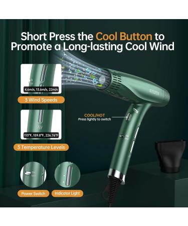 Professional Hair Dryer with Diffuser & Nozzles - 1875W 12 Modes Fast Drying Negative Ion Technology Olive Green - Perfect for All Hair Types - Buy Online on SooperMarket.com