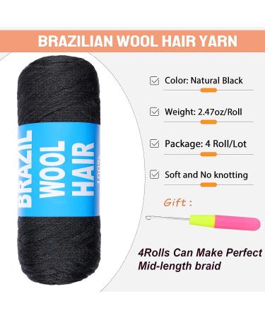 RuiYok 4Pcs Natural Black Brazilian Wool Hair for Braids - Acrylic Hand Knitting Yarn for Hair Braiding & Extensions - Jumbo Braids, Faux Locs & Senegalese Twists (1B) - Buy Online on SooperMarket.com