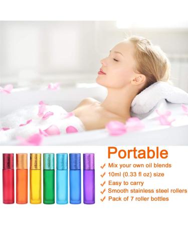 Alledomain 7-Piece Essential Oils Roller Bottle Set - Colorful Frosted Glass Refillable Aromatherapy Travel Bottles with Opener & Pipette - Buy Online on SooperMarket.com