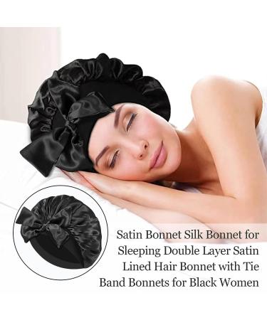 2 PCS Silk Bonnets for Black Women - Reversible Satin Hair Wrap Cap for Sleeping & Showering | Adjustable Satin Night Cap for Long Curly Hair - Black & Wine Red - Buy Online on SooperMarket.com