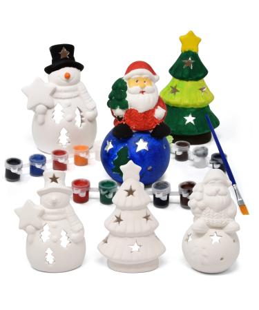 Set of 6 Ceramic Christmas Santa Snowman Tree Figurines Paint Craft Kit Unpainted Ceramics Plaster Keepsake for Kids Classroom Art Project Xmas Favors Holiday Party Decoration Paint & Brushes Included