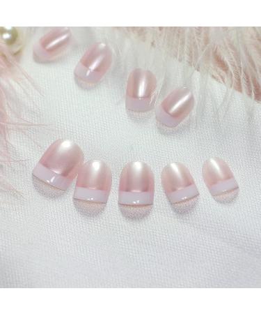 Elevenail Glossy Pearl Pink White French False Nails - Medium Short Squoval Press on Nails for Women and Girls - Christmas Nail Art Tips Gift - Buy Online on SooperMarket.com