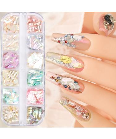Irregular Colorful Seashell Slices 3D Nail Art Supplies 12 Colors Irregular Abalone Seashell Slice Design 3D Nail Sequins UV Gel Nail Shell Flakes Mermaid Decorations