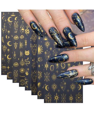 8Sheets Gold Star Nail Sticker Decals- Metallic Nail Supplies 3D Self-Adhesive Sun Stars Moon Starlight Planets Snake Nail Design Nail Art Stickers for Women Acrylic Nails Decoration Accessories Craft
