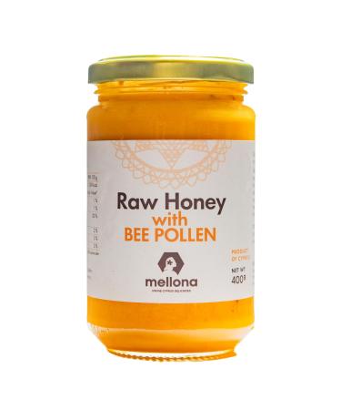 Mellona Raw Honey with Added Bee Pollen Unheated Unfiltered & Unprocessed Natural & Creamy Wildflower Golden Honey 400g