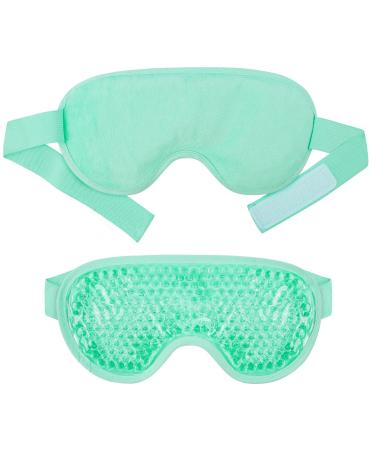 WOVTE Cooling Eye Mask Reusable Hot or Cold Therapy Gel Bead Eye Mask with Soft Plush Backing and Adjustable Strap for Puffy Eyes Dry Eyes Dark Circles Headache (Green)