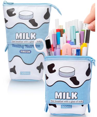 Sooez Standing Pencil Case Cute Milk Pop Up Pencil Case Durable Pen Pouch Telescopic Pencil Holder Case Kawaii Stand Up Pencil Case Spacious Pencil Pouch Portable Pencil Bag for School Office Blue - Milk