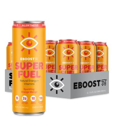 EBOOST Super Fuel Natural Energy Drink - Orange Mango - 12 Pack x 11.5 Fl Oz - Natural Caffeine from Coffee and Green Tea - Essential Electrolytes Nootropics and Vitamins - Sports Preworkout Drink Orange Mango 11.5 Fl Oz (Pack of 12)