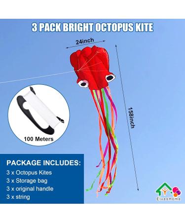 Octopus Kite 3 Pack - Easy-to-Fly 3D Giant Kites for Adults and Kids - Rainbow Kites with String Reel - Beach Toy Kites for Boys and Girls - 3 Colors - Buy Online on SooperMarket.com