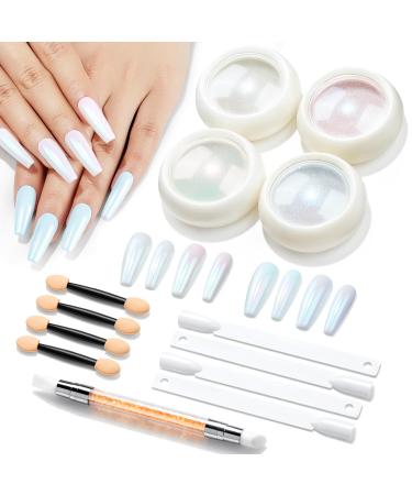 Modelones Chrome Nail Powder Set -4Pcs Pearl Chrome Nail Powder 1Pcs Silicone Nail Brush 4Pcs Cotton Swabs and 4Pcs Color Display Sticks Chrome Powder For Nails White Pearl Effect