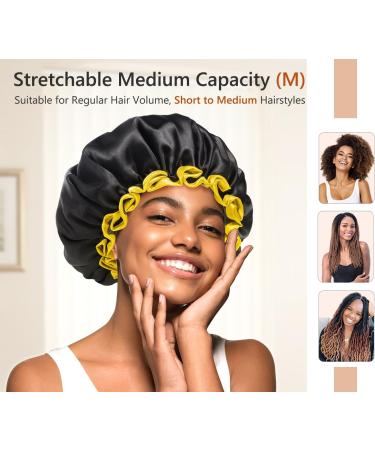 mikimini Black Shower Cap for Women Men & Girls - Reusable Waterproof Bathing Hat - Stretchy, Non-fading - Medium Size - Pack of 1 (Black+Yellow) - Buy Online on SooperMarket.com