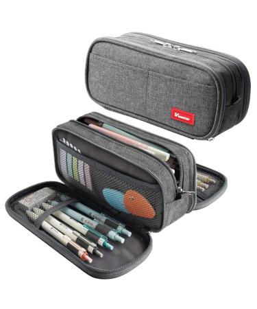 Vnieetsr Large Pencil Case Big Capacity Pencil Bag Large Storage Pouch 3 Compartments Desk Organizer Marker Pen Case Simple Stationery Bag Pencil Holder (Gray)