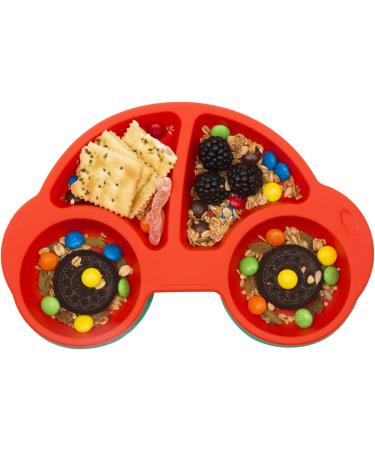 Silicone Divided Toddler Plates - Non-Slip Suction Plates for Kids | BPA Free FDA Approved Baby Dinner Plate with Spoon Fork | Portable & Easy to Clean | New Car Blue/Red - Buy Online on SooperMarket.com