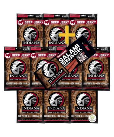 INDIANA BEEF JERKY dried meat high protein no added sugar + salami snack 18g (10 x 90g Jerky Beef Hot&Sweet)