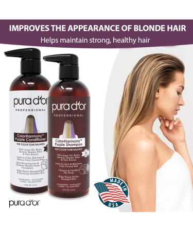 PURA D'OR ColorHarmony Purple Shampoo & Conditioner Set - 16oz x 2, Biotin for Bleached Blonde & Silver Hair, Keratin & Bamboo Fiber, No Sulfates, Natural Ingredients - Men & Women - Buy Online on SooperMarket.com