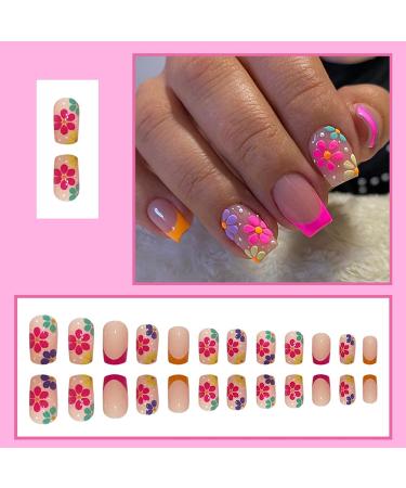 GORS 24 Pcs Colorful French Square Short Press on Nails - Acrylic Full Cover Coffin False Nails for Women - Multicolor 3D Flower Nail Art Decor - Buy Online on SooperMarket.com