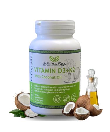 Infinitree Vitamin D3 (1000iu) + K2 (MK-7 / 120mcg) with Virgin Coconut Oil - 120 Softgels Immune Support Bone & Teeth Health High Absorption Made in Canada