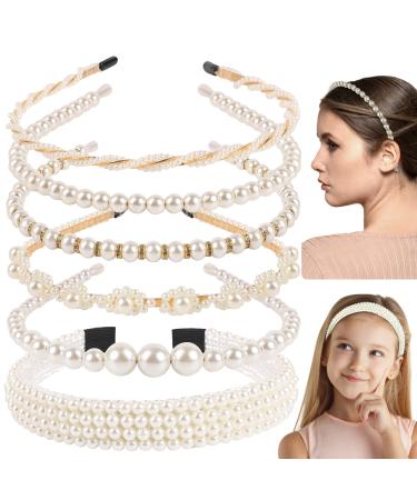 Sliverdew 6 Pack Pearl Headband Women White Faux Pearl Rhinestones Hairbands Bridal Hair Hoop Pearl Headbands for Women Bridal Hair Hoop Wedding Hair Accessories for Women Girls