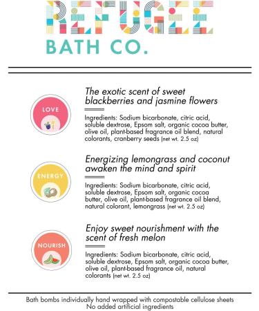 Refugee Bath Co. Organic Cocoa Butter Bath Bombs Variety Pack - 15 Pack 3.0 oz Each, Natural Plant-Based Ingredients, Rejuvenate - Buy Online on SooperMarket.com