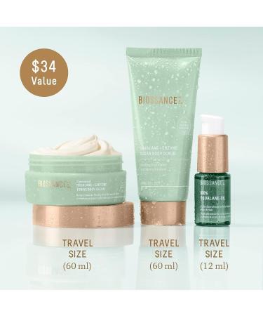 Biossance Smooth Start Body Travel Set: Squalane + Enzyme Sugar Scrub, Caffeine Toning Cream, & 100% Squalane Oil for Exfoliation and Hydration - Buy Online on SooperMarket.com