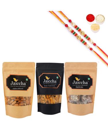 Ghasitaram Gifts Rakhi Gifts for Brothers Rakhi Sweets - Best of 3 Suagrfree Bites 200 GMS Butter Chakli Sticks 100 GMS Pouch and Almonds 100 GMS Pouch with 2 Pearl Beads Rakhis