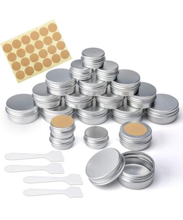 20 Pcs Empty Cosmetics Container Pots 3 Sizes Aluminium Tin Jars with Screw Lids Labels and Mini Spatula Sample Pots for Lip Balm Candle Making Cream Sample Powder Cosmetics (20ml 10ml 5ml)