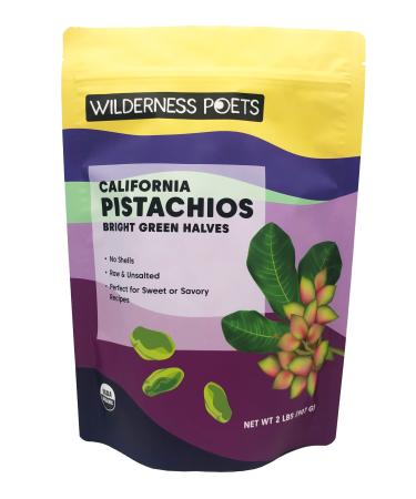 Wilderness Poets, Organic Pistachios - Bright Green Pistachio Nut Halves, No Salt, No Shells, Grown in California (2 Pound) 2.0 Pounds