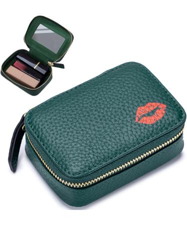 Small Makeup Bag with Mirror - Portable Lipstick Holder for Women | Red Lipstick Pattern & Dark Green Color - Holds 3 Lipsticks | Ideal Zippered Toiletry Bag for Travel - Buy Online on SooperMarket.com