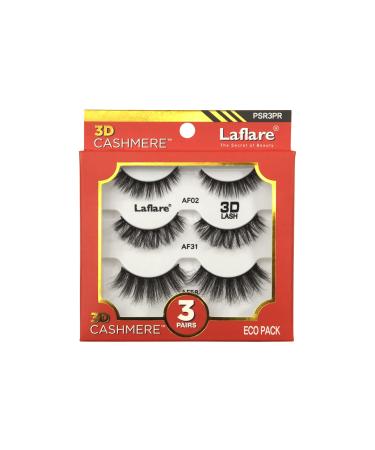 Laflare 3D Cashmere False Eyelashes 3 pcs Multipack Ultra Soft Glam Wispy Fresh Luxurious Cruelty-Free Reusable 100% Cashmere Texture Fake Eyelashes 3 Pairs Eco Pack (PSR3PR)