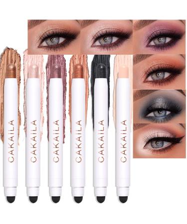 evpct 6Pcs 2 tone Eye Shadow Stick Makeup Set Waterproof Cream Eye Shadow Pencil Eyeliner Crayon Set for Eyes White Brown Gold Pink Dark Purple Bronzer Black Shimmer Eye Brightener Stick Highlighter 6 Count (Pack of 1) Set02