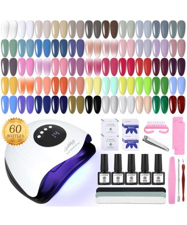 Sphthhpy 60 pieces semi-permanent nail polish set in 55 Colouris Gel 128W Led Lamp UV Nail dryer base coat top coat (glossy and matt) Semi-permanent gel polish nail art complete set 60PCs