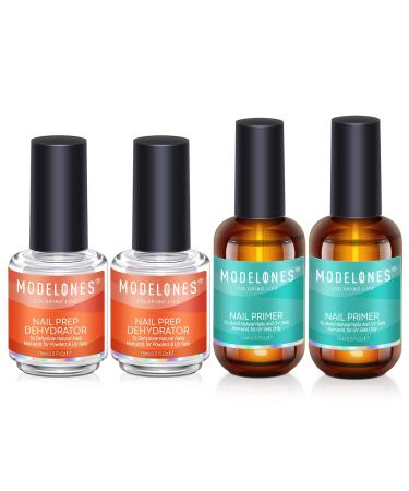 Modelones Gel Nail Polish Nail Dehydrator and Primer, 4Pcs Nail Bond Primer and Nail Prep Dehydrator Set, Acid-Free Nail Supplies for Acrylic Powder Acrylic Nails and Nail Gel 15ml 4Pcs Nail Primer Set