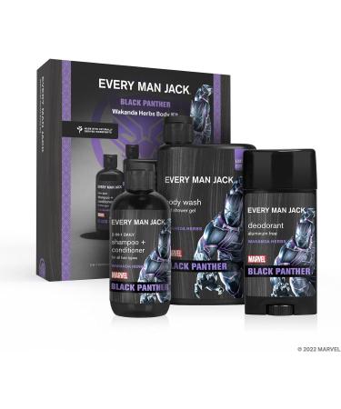 Every Man Jack Black Panther Bath and Body Gift Set for Men - Includes Body Wash Shampoo & Deodorant - with Clean Ingredients