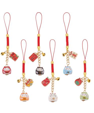 WEBEEDY 6PCS Lucky Cat Beckoning Cat Keychains Pendant Japanese Maneki Neko Cat Charm Mascot Pendants Fortune Pendants Wealth Health Fortune Evil Avoiding Hanging Ornaments