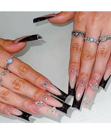 Black Butterfly False Nails Set - 24PCS French Square Tips with Glitter Diamond Design & Jelly Adhesive - Women's Nail Art - Buy Online on SooperMarket.com