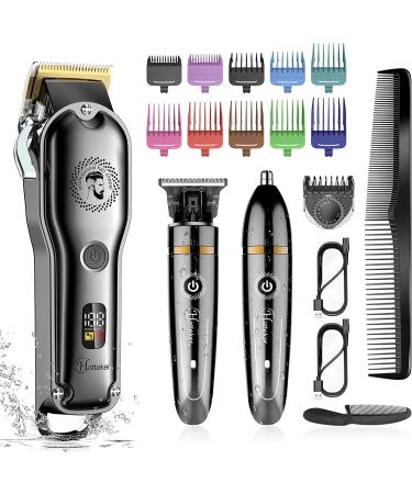 Hatteker Hair Clipper Cordless Hair Trimmer Barber Clipper T-Blade Trimmer Beard Trimmer Nose Trimmer Hair Cutting Grooming Kit Professional IPX7 Waterproof