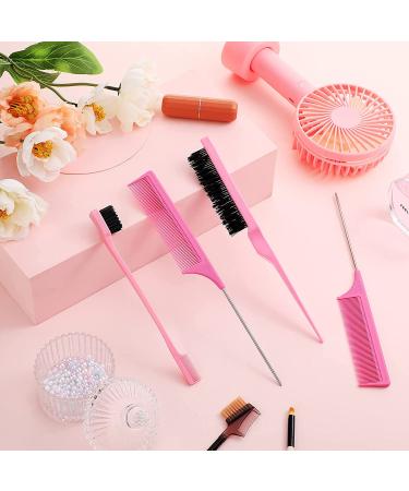 5-Piece Rat Tail Comb Set for Hair Styling - Pink | Stainless Steel Teasing Brush for Men and Women - Ideal for Salon and Home Use - Buy Online on SooperMarket.com