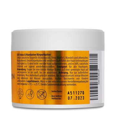 Kokos & Mandarine Body Butter 250g - Natural Moisturizer with Coconut & Mandarin Oil for Dry Skin - Nourishing Skin & Hand Care - Buy Online on SooperMarket.com