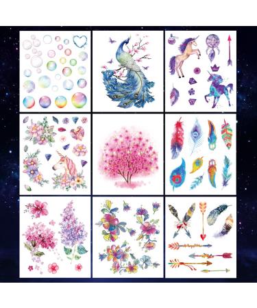 Oottati Waterproof Temporary Tattoo Stickers - Colorful Bubble Flower Peacock Unicorn Arrow Feather Pink Tree - 9 Sheets for Arm Shoulder Face - Buy Online on SooperMarket.com