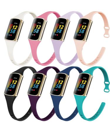 Surundo Compatible with Fitbit Charge 5 Bands for Women Men, Slim Thin Narrow Soft Silicone Band Strap Sport Replacement Wristbands for Fitbit Charge 5 Advanced Fitness/Health Tracker 8-color-2