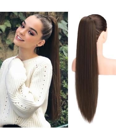 REECHO Ponytail Extension 28" Long Straight Drawstring Pony Hair Extension Synthetic Pony Tail Hairpiece for Women Dark Brown with Copper Highlights