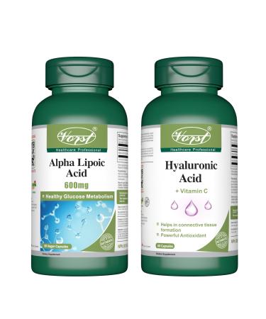 VORST Alpha Lipoic Acid 600mg 90 Vegan Capsules & Hyaluronic Acid with Vitamin C 60 Capsules (Combo Bundle 2 Bottles)