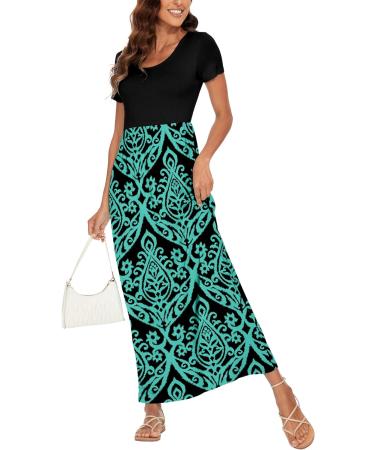 YUNDAI Women's Maternity Maxi Dress | Floral Loose Long Summer Dress with Pocket | Plus Size Short Sleeve | Blue Green - Size L - Buy Online on SooperMarket.com