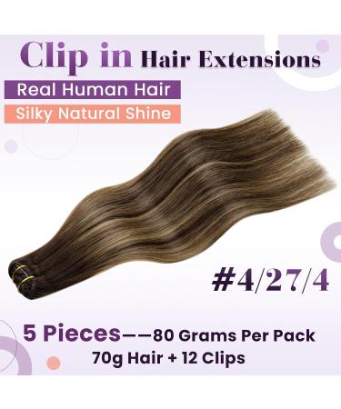 LAAVOO Real Hair Clip Extensions - 40cm Balayage Brown Ombre Clips 105g 7pcs - Double Weft #4/27/4 - Buy Online on SooperMarket.com