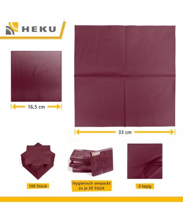 HEKU 100 Monochrome Napkins - 3-Layer 33x33cm | Highly Absorbent & Stylish Bordeaux | Uniform Quality for Events & Gastronomy | Practical 5-Pack - Buy Online on SooperMarket.com