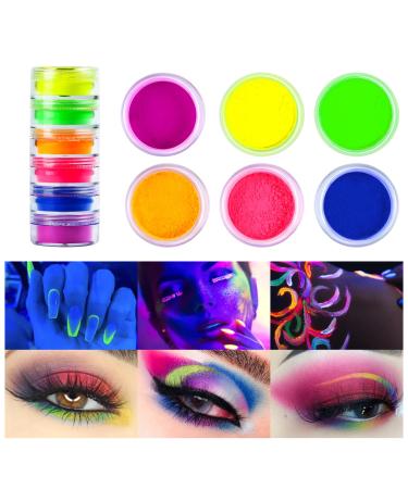 6 colors Neon Pigment Eyeshadow Powder FindinBeauty UV Glow Blacklight Mixed Bright True Colors Eye Shadow Pigments Neon Pigment Eyeshadow Powder for Christmas Face Body Makeup