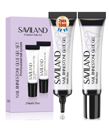 Saviland Nail Rhinestone Glue Gel Set, Upgraded 2PCS 10ML Gel Nail Glue for Nail Rhinestones and Charms, Super Strong Nail Glue for Nail Tips Acrylic Nails Press On Nails Fake Nails, Nail Lamp Needed 2PCS Nail Glue Gel