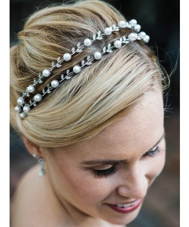 SWEETV Pearl Wedding Headband - Silver Double Band Bridal Tiara Hair Accessory - Buy Online on SooperMarket.com