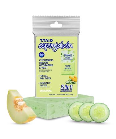 T.Taio Esponjabon Soap Sponge - Cleansing Shower Scrubber - Cleaning Bath Wash Scrub - Oil Removal - Massage & Lather Foot  Elbow  & Face - Bathroom Accessories - Cucumber & Melon Soap